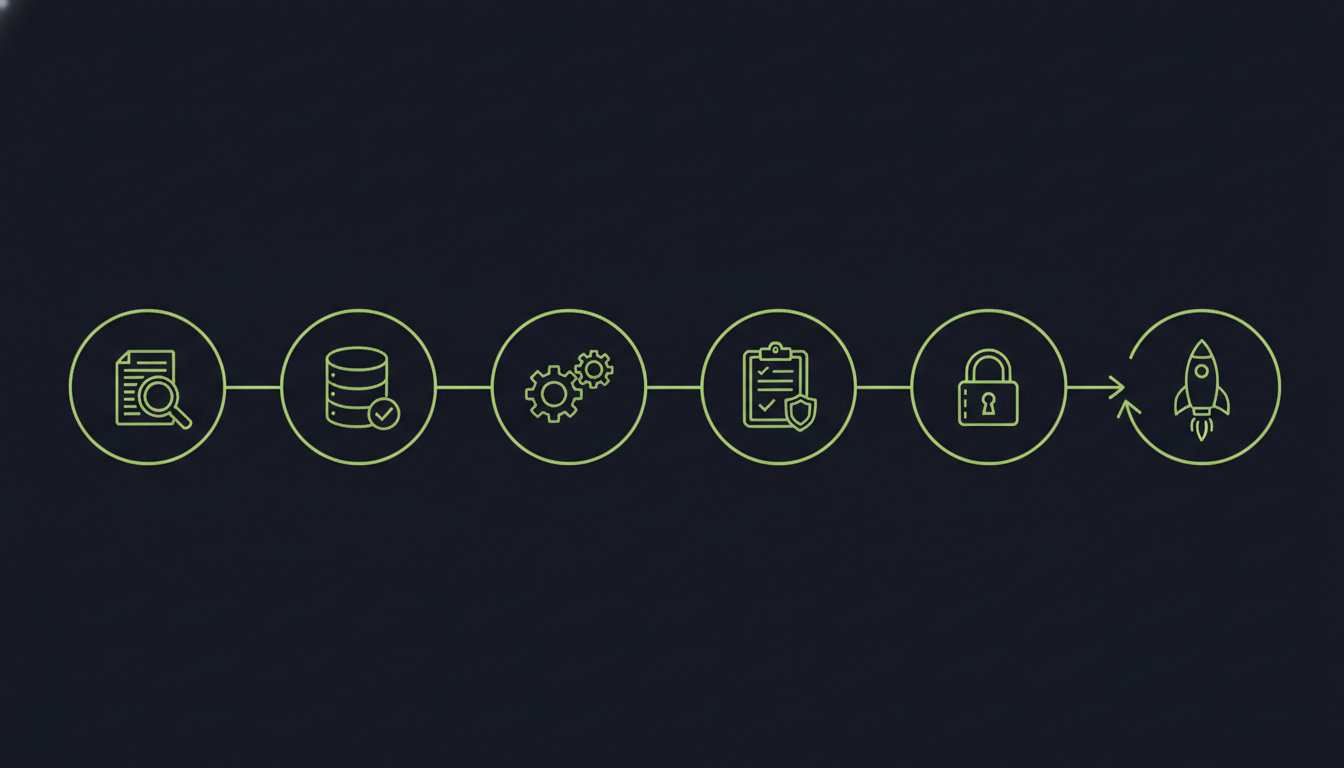 Six-step delivery pipeline diagram showing discovery, data readiness, build, evaluation, security review, and deployment connected in sequence with a feedback arrow from deployment back to evaluation