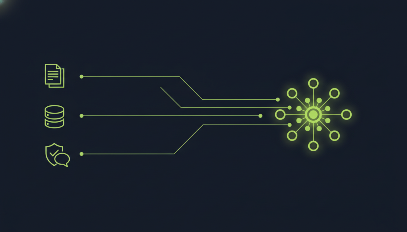 Flat illustration of an enterprise data network connecting to a central language model core, representing enterprise LLM development