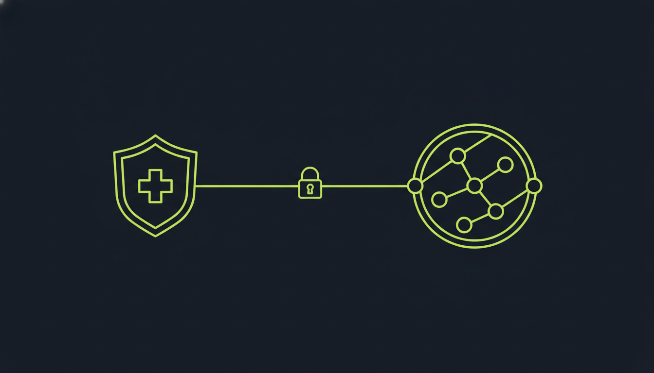 Flat illustration of a shield protecting a medical record icon connected to a European Union data network, representing GDPR-ready healthtech architecture