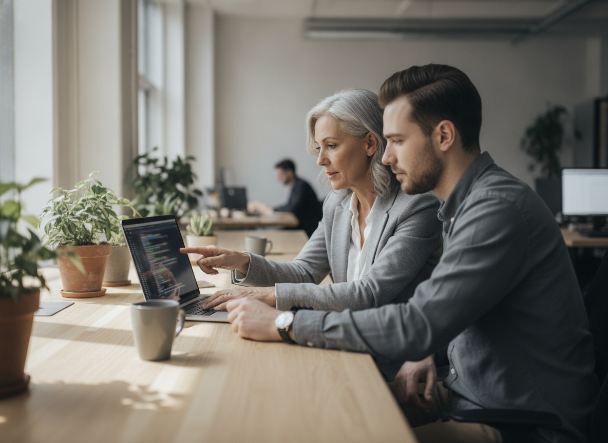 A senior engineer mentoring a colleague at a shared desk reviewing code together