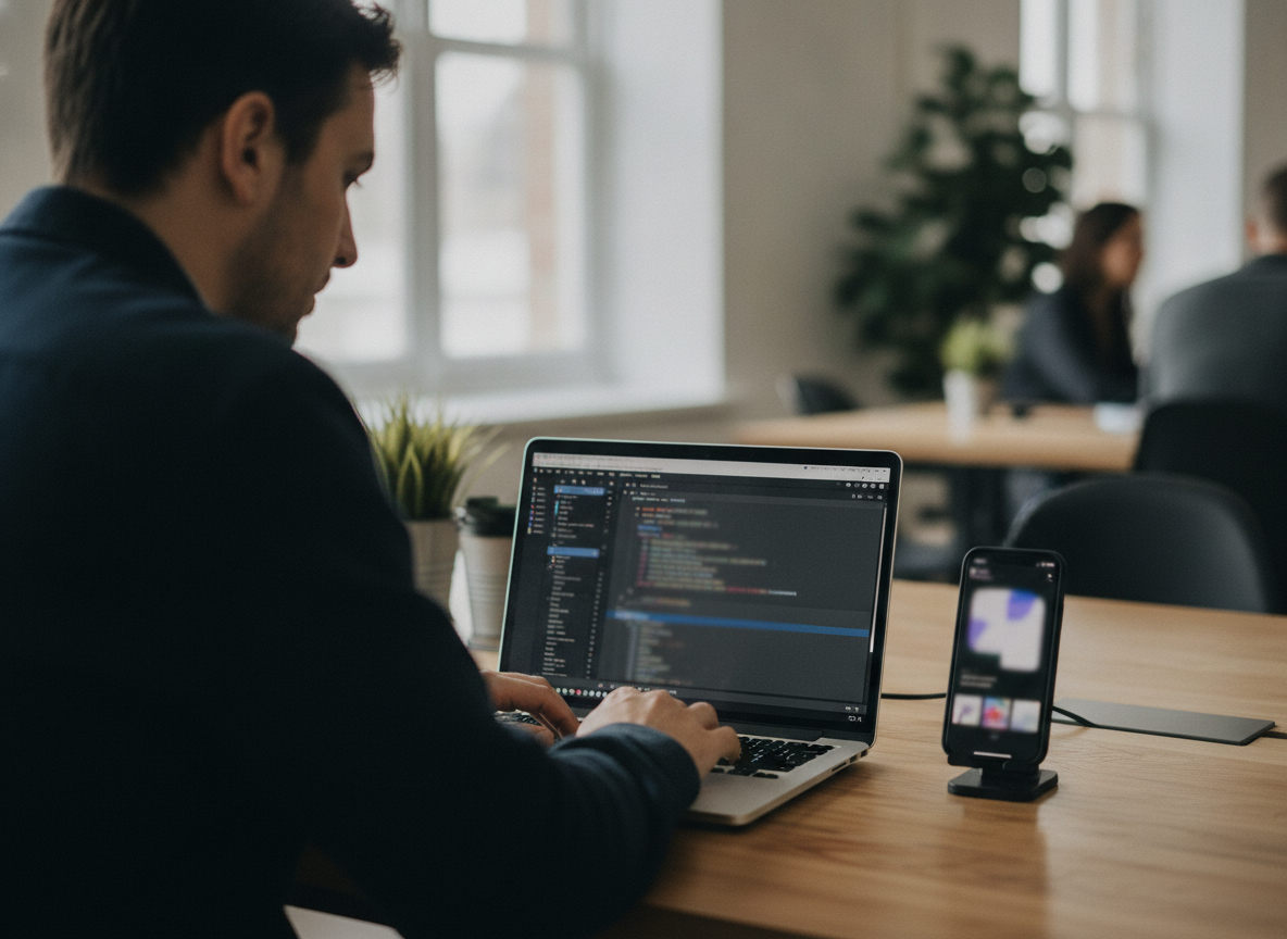 An iOS developer working with SwiftUI code in Xcode next to an iPhone showing a live app preview