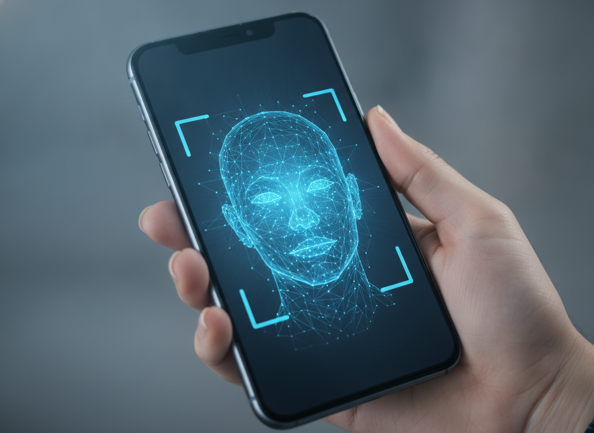 A smartphone showing a stylized Face ID scan visualization representing native biometric integration