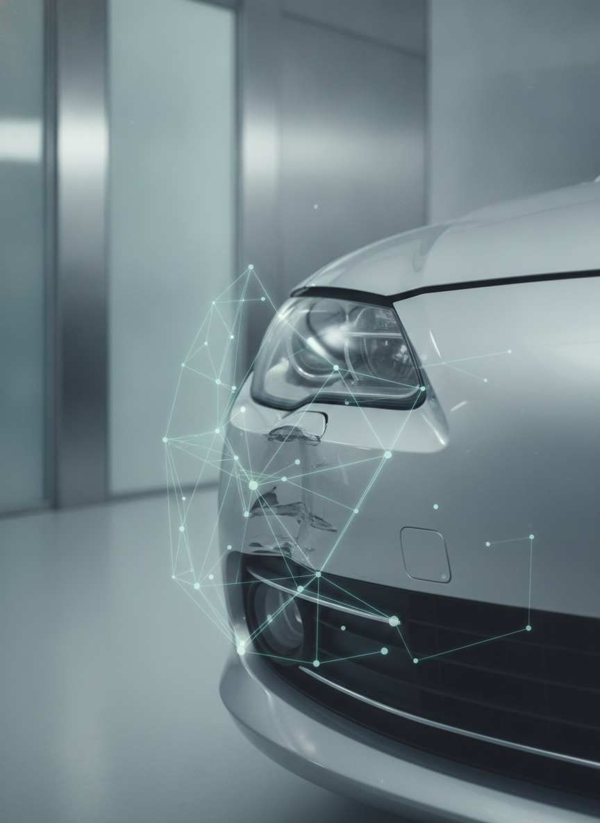 A photo of vehicle damage with a subtle abstract overlay suggesting automated visual analysis assisting an adjuster