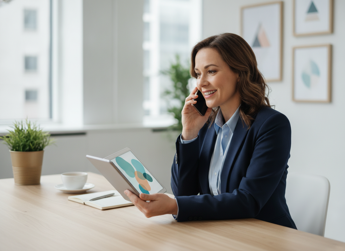 An insurance broker on a tablet reviewing a policy management interface while speaking with a client