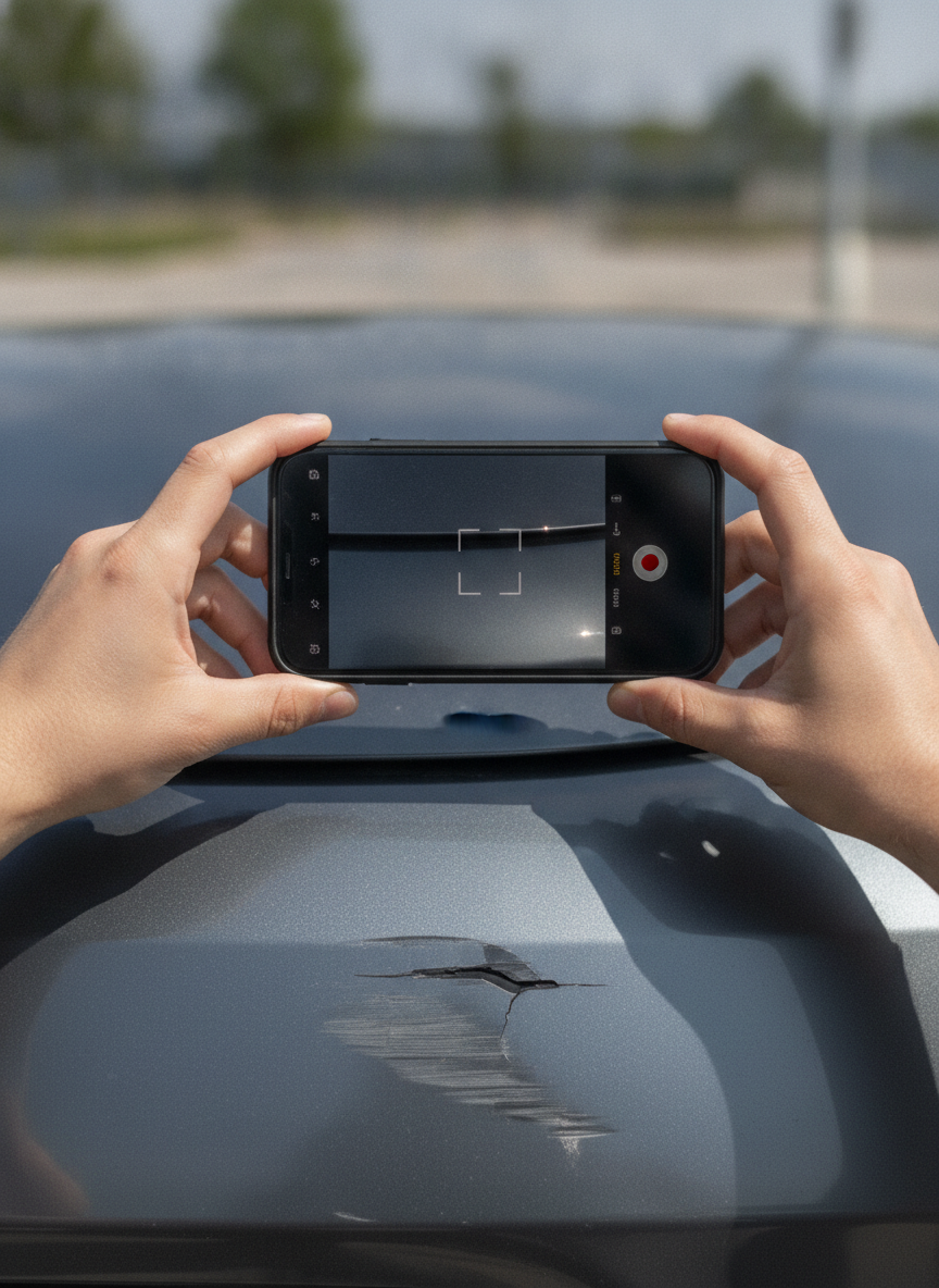 A policyholder photographing minor vehicle damage on a smartphone to submit a first notice of loss claim