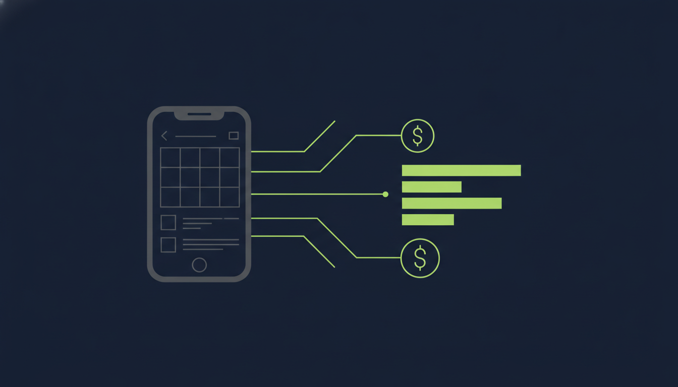 Flat illustration of a mobile app wireframe connected to a cost breakdown chart, representing mobile app development budgeting