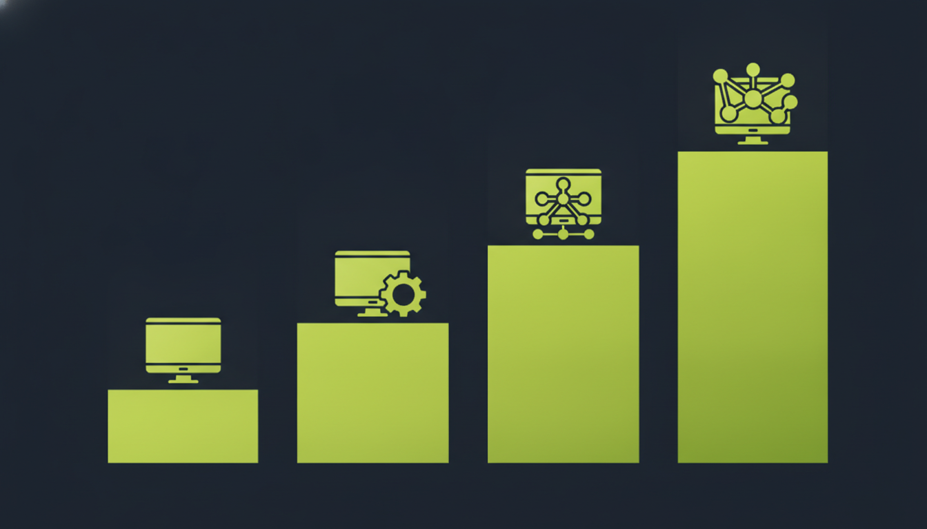 Four ascending cost tiers showing increasing complexity from a simple single-screen app to an enterprise-grade multi-system app