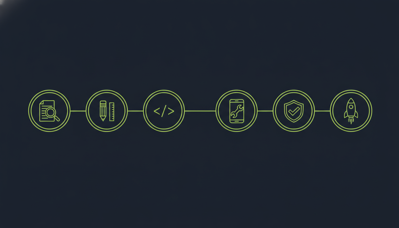 Six-step delivery pipeline from discovery through design, build, quality assurance, and launch