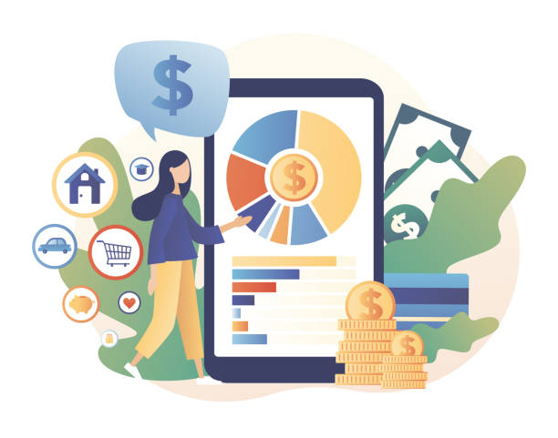 Budget management app. Personal financial control. Cash flow. Tiny woman manages the personal budget. Modern flat cartoon style. Vector illustration on white background Budget management app. Personal financial control. Cash flow. Tiny woman manages the personal budget. Modern flat cartoon style. Vector illustration app cost stock illustrations