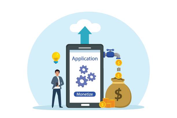 Businessman with monetize apps on mobile phone Monetize vector concept. Businessman thinking an idea while standing with monetize apps on the mobile phone App Monetization stock illustrations