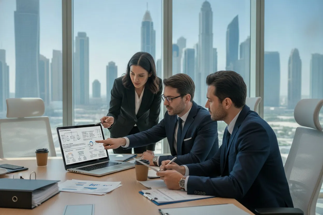 Legal and compliance team reviewing data protection framework documents in a Dubai office
