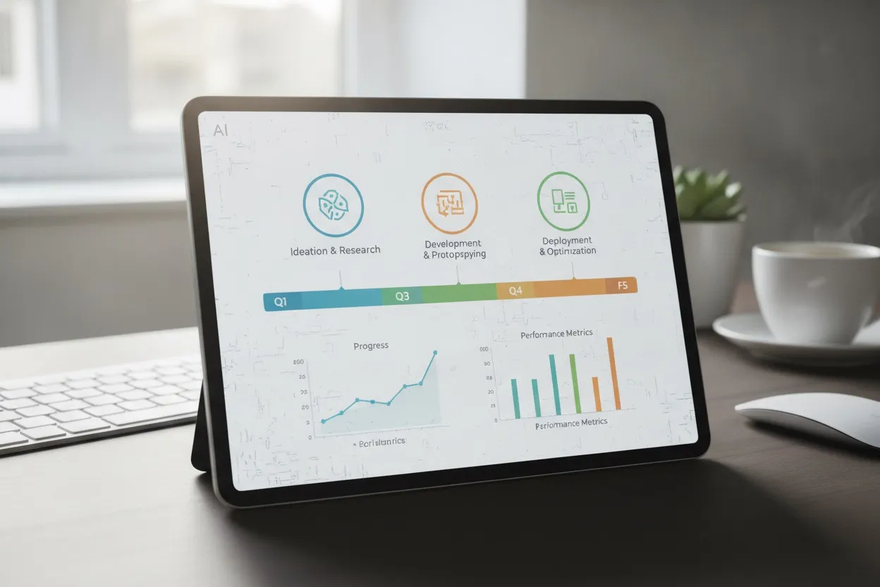 AI project roadmap timeline with milestones on a tablet screen