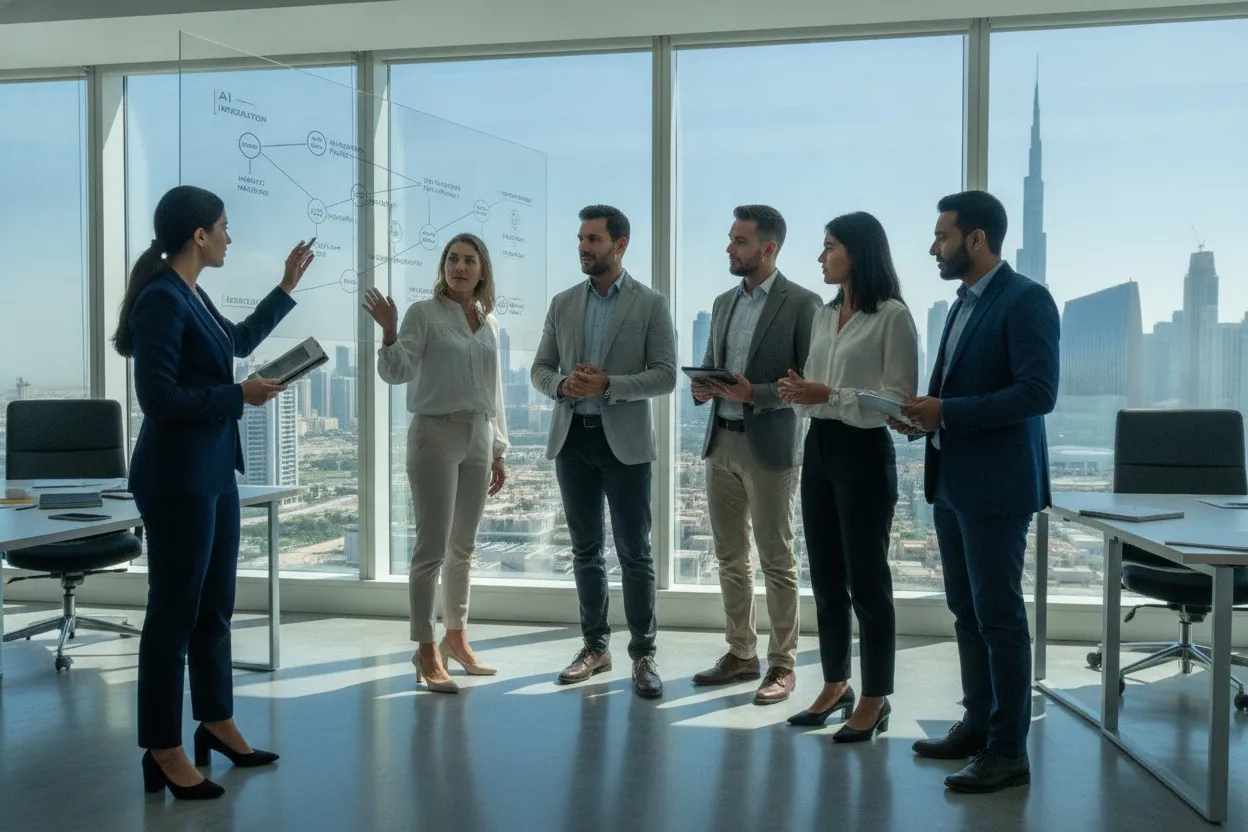 AI strategy consulting workshop reviewing a roadmap in a Dubai office