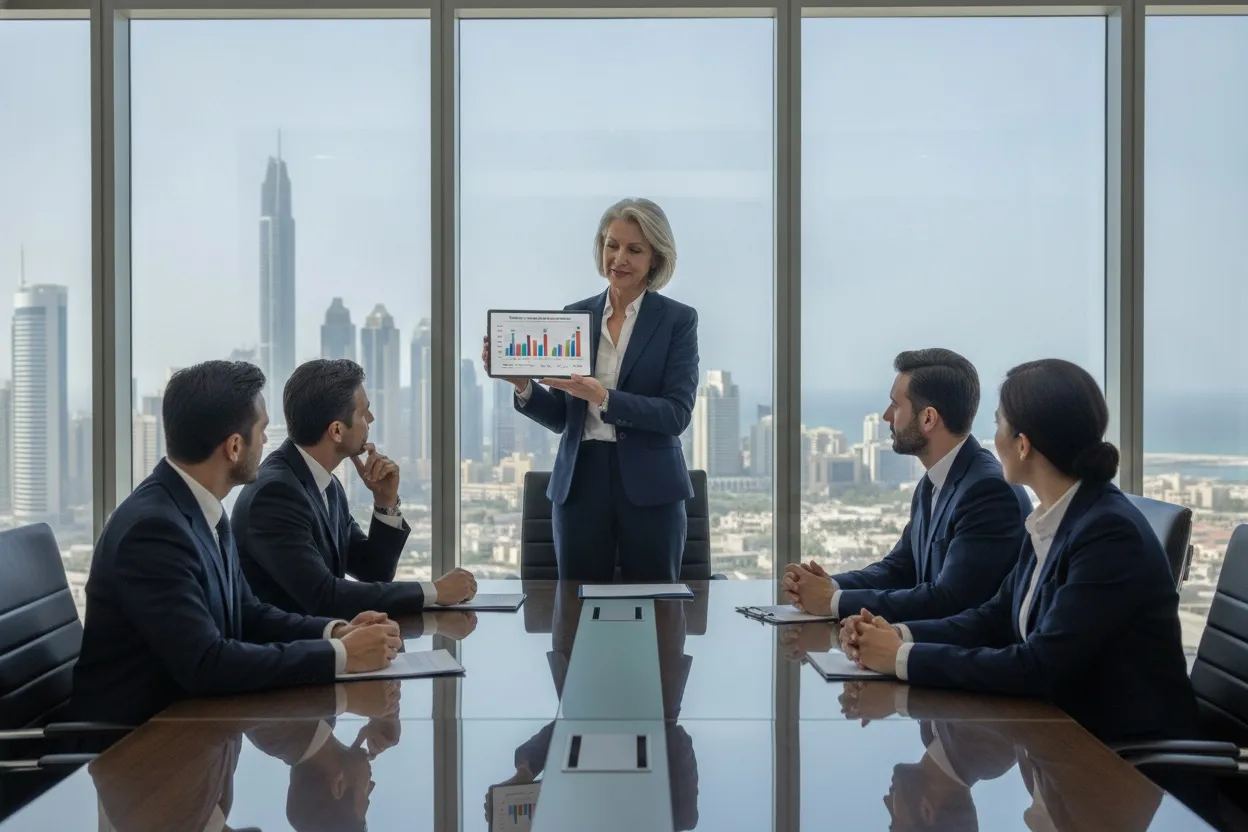 Senior AI consultant presenting a readiness assessment to executives in a Dubai conference room