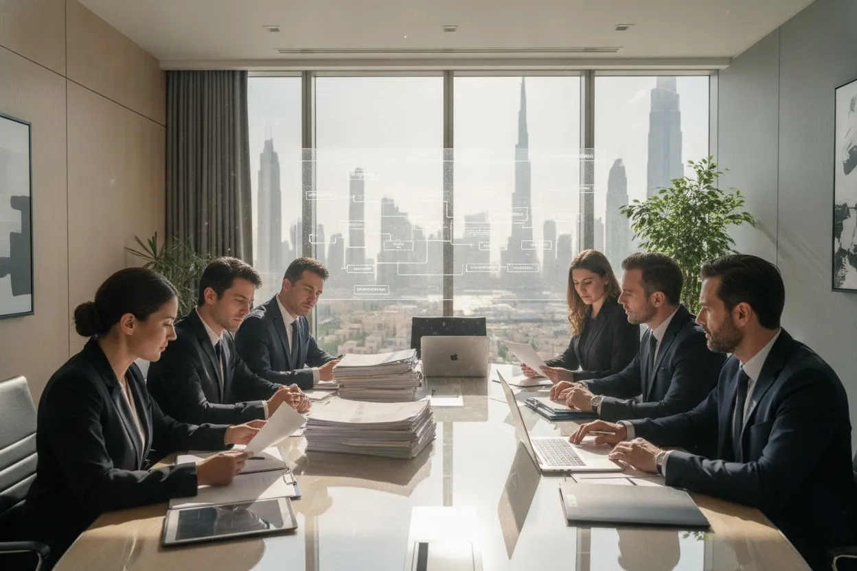 Legal and compliance team reviewing AI governance and data protection documents in a Dubai office