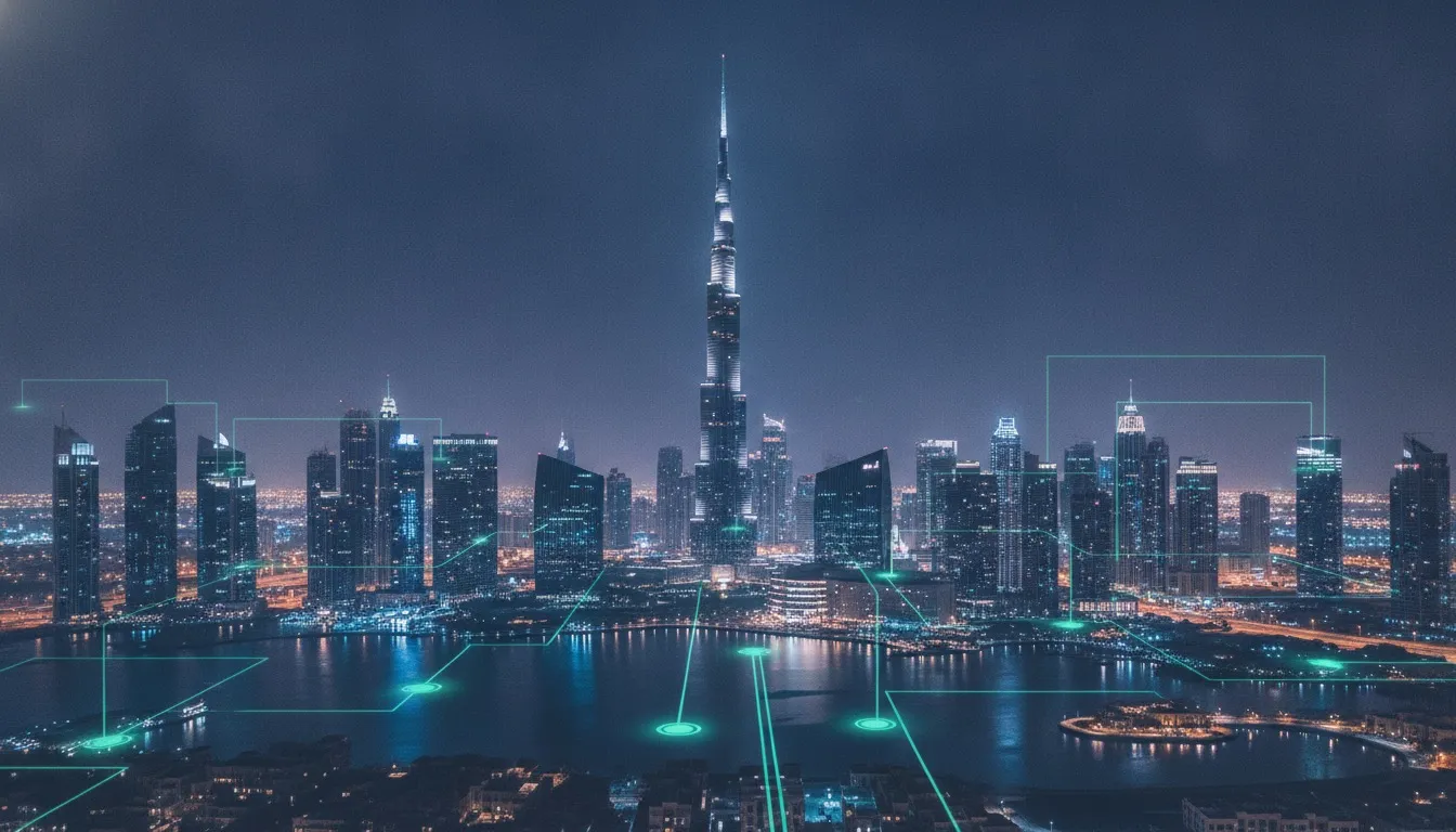 Dubai skyline at night featuring the Burj Khalifa with a glowing AI neural network overlay, representing AI development services in Dubai