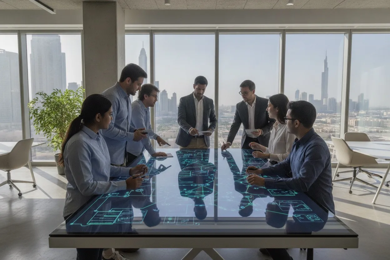 AI engineering team collaborating on neural network architecture in a Dubai office