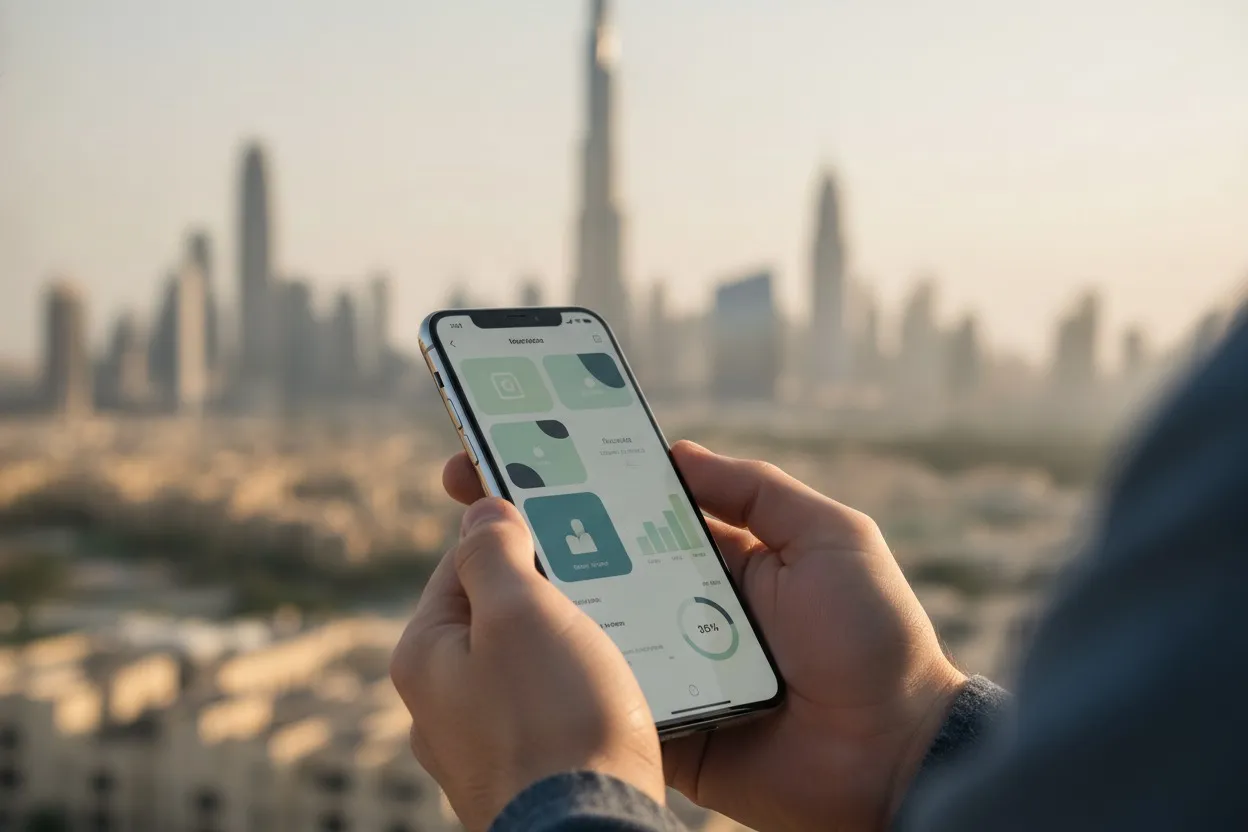 Smartphone displaying a modern mobile app interface with Dubai skyline in background