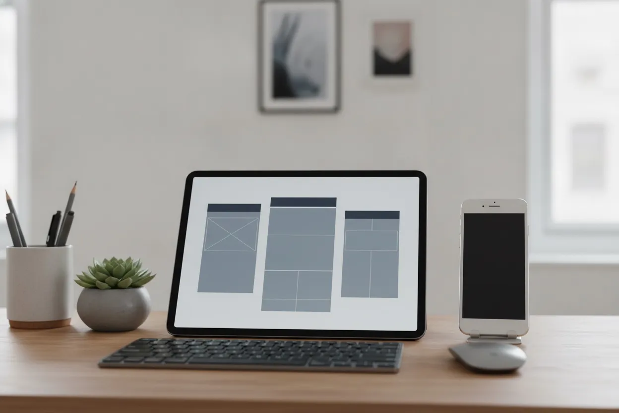 Designer's desk with mobile app wireframes and a smartphone mockup