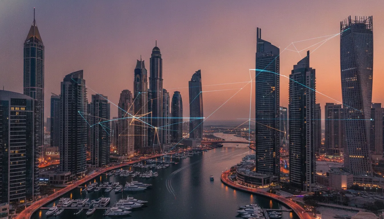 Dubai Marina skyline at dusk with a glowing mobile app UI overlay, representing mobile app development in Dubai