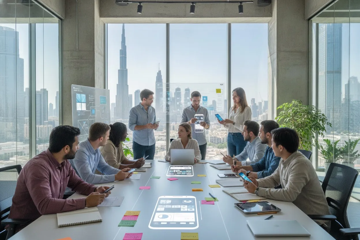 Mobile app development team collaborating on prototypes in a Dubai office