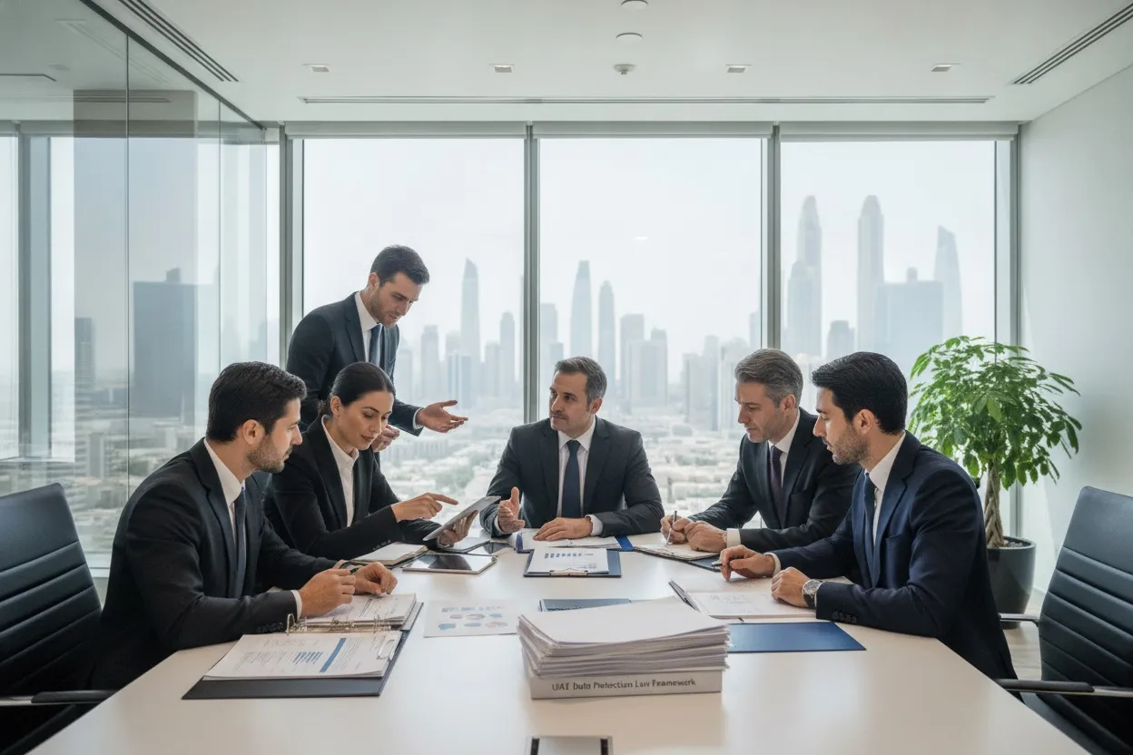Legal and compliance team reviewing UAE data protection law documents in a Dubai office
