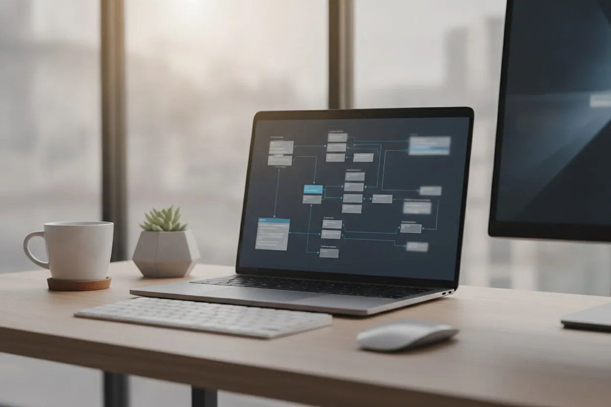 Enterprise software architecture diagrams on a laptop screen