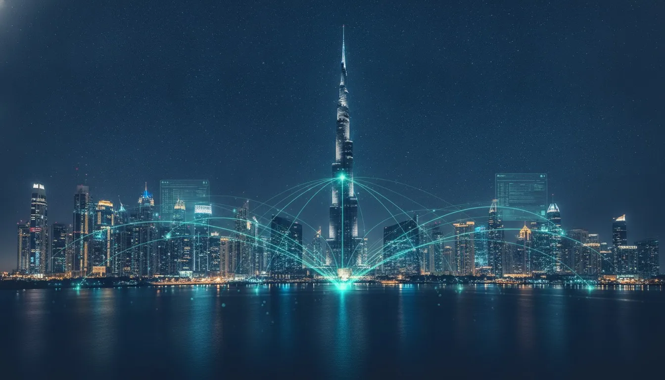 Dubai skyline at night with a glowing software architecture diagram overlay, representing custom software development in Dubai