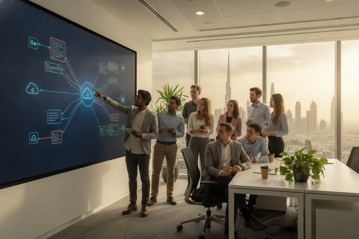 Software engineering team collaborating on enterprise architecture in a Dubai office
