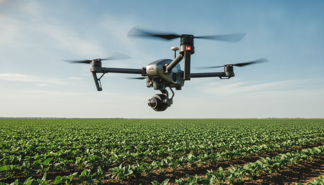 Agricultural mapping drone in flight above a lush crop field, capturing aerial data used for precision agriculture analytics