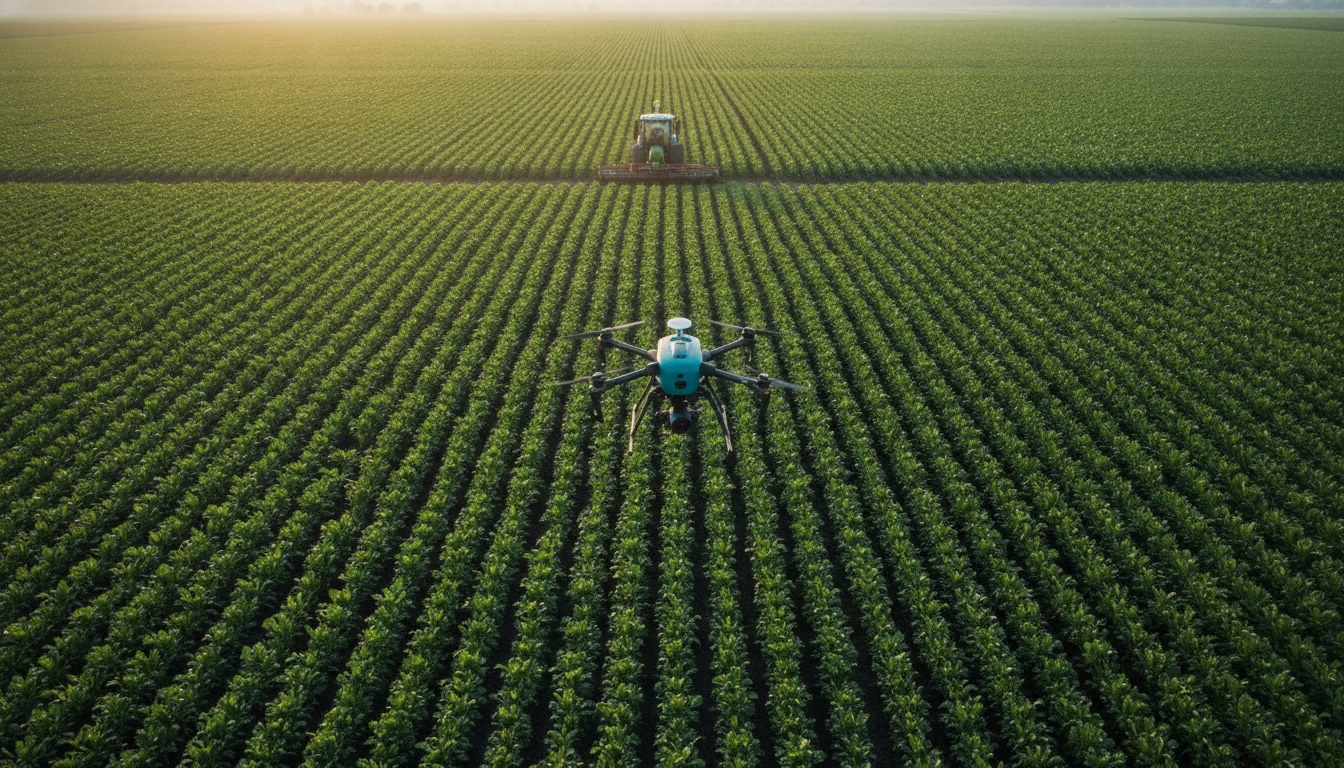 Aerial view of a modern smart farm at golden hour, with a data-collecting drone hovering over crop rows and a GPS-guided tractor working the field