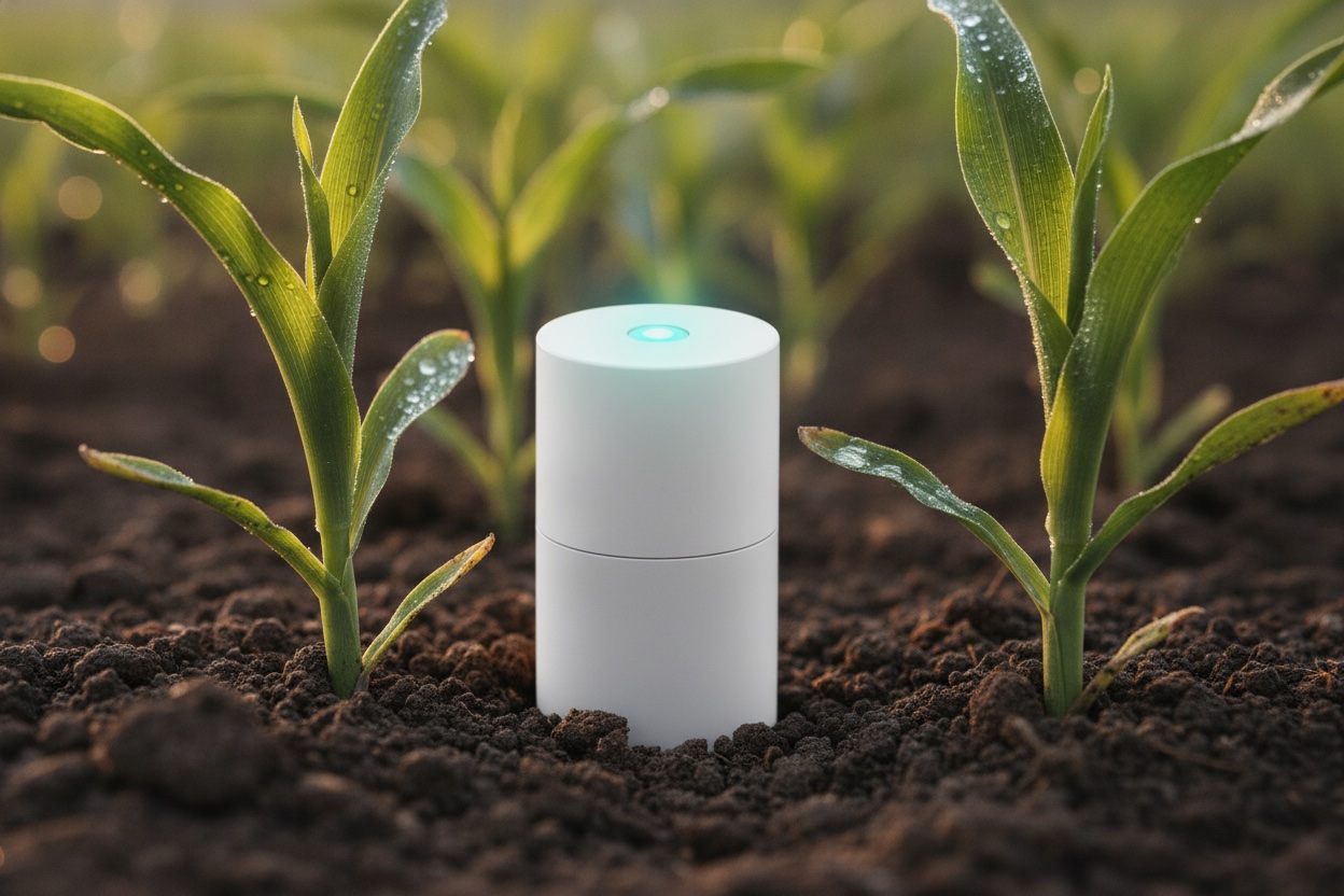 Close-up of a connected IoT soil-moisture sensor planted among healthy crop seedlings, gathering real-time field data