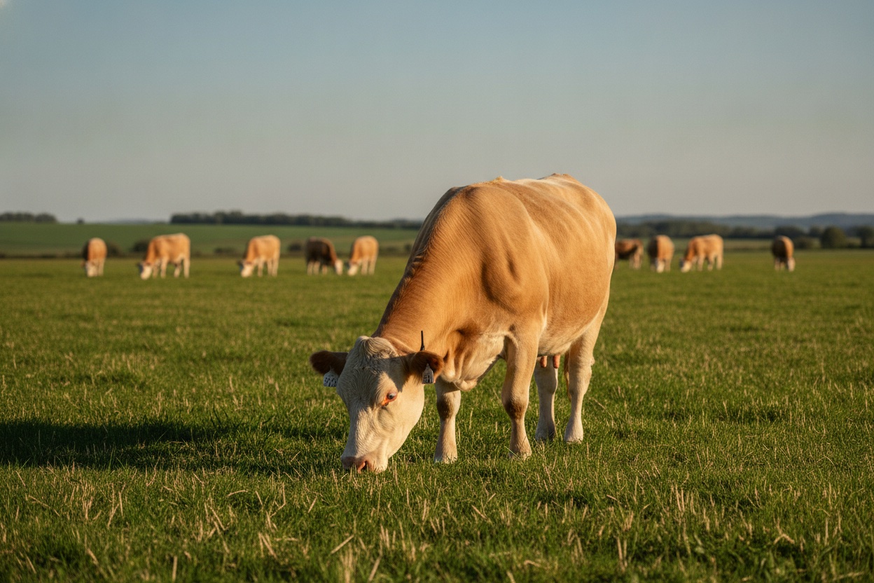 Cattle grazing in an open pasture, one wearing a visible GPS ear-tag tracking device used for livestock geofencing
