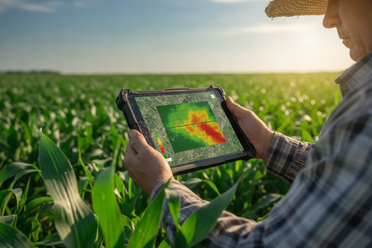 Agronomist in a crop field reviewing a crop-health heatmap on a rugged tablet, part of a precision agriculture platform