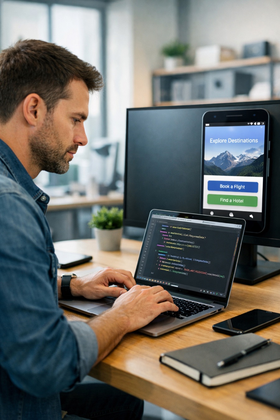 Android engineer writing Kotlin code with an emulator on screen