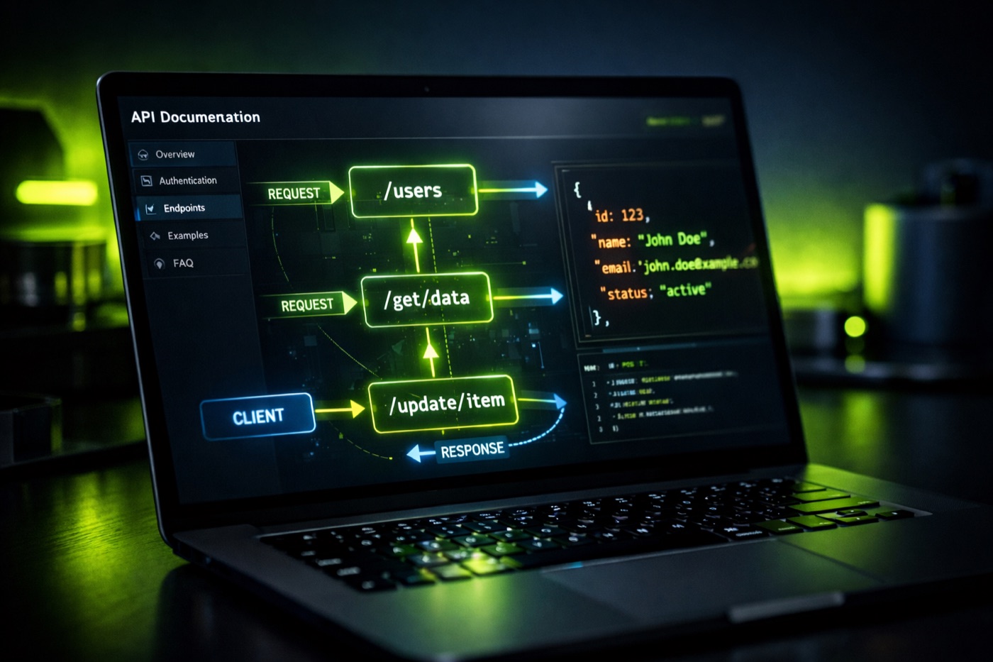 Custom API development services: API documentation and endpoint diagrams on screen
