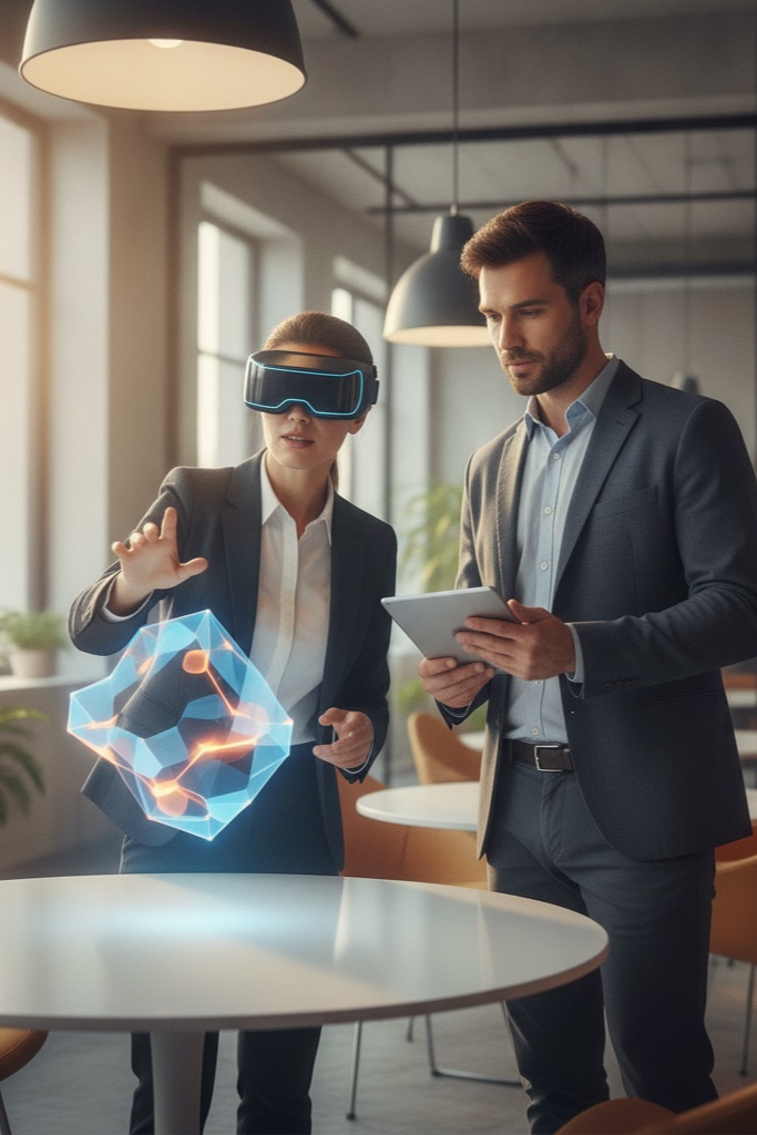 Team collaborating with AR headset on an immersive 3D visualization