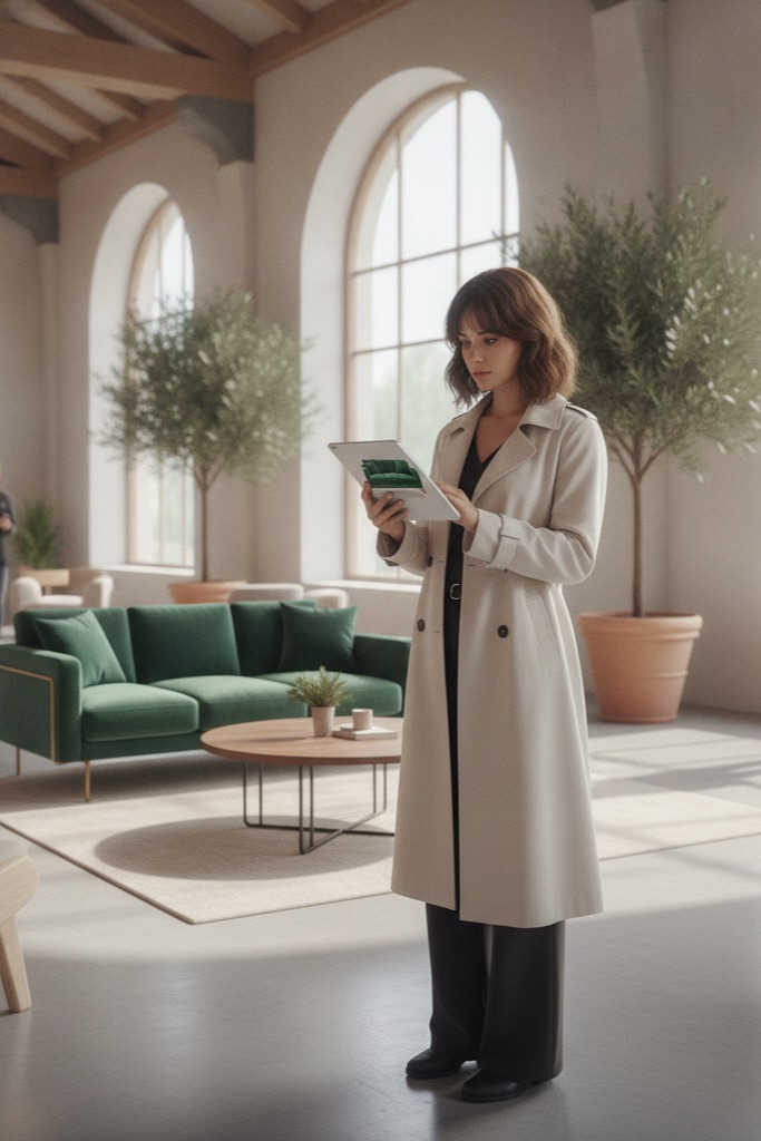 Customer using AR on a tablet to visualize furniture in a retail showroom