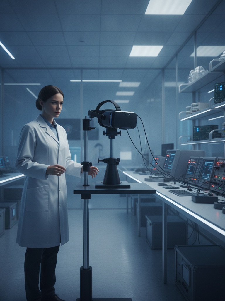 Engineer testing VR headset device reliability in a lab