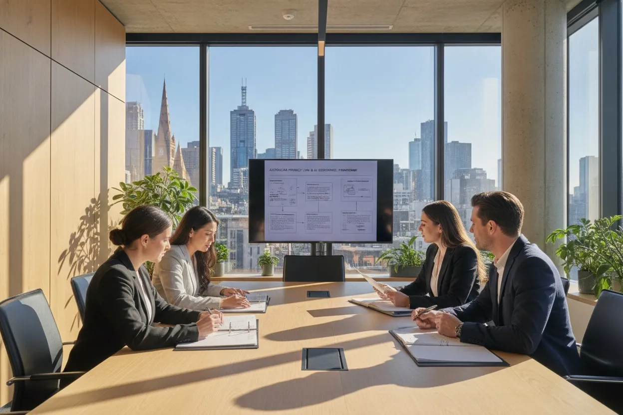 Legal and compliance team reviewing Australian privacy law and AI governance documents in a Melbourne office