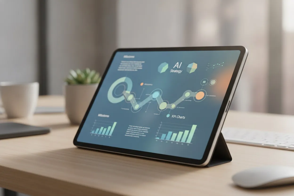 AI strategy roadmap timeline with milestones on a tablet screen