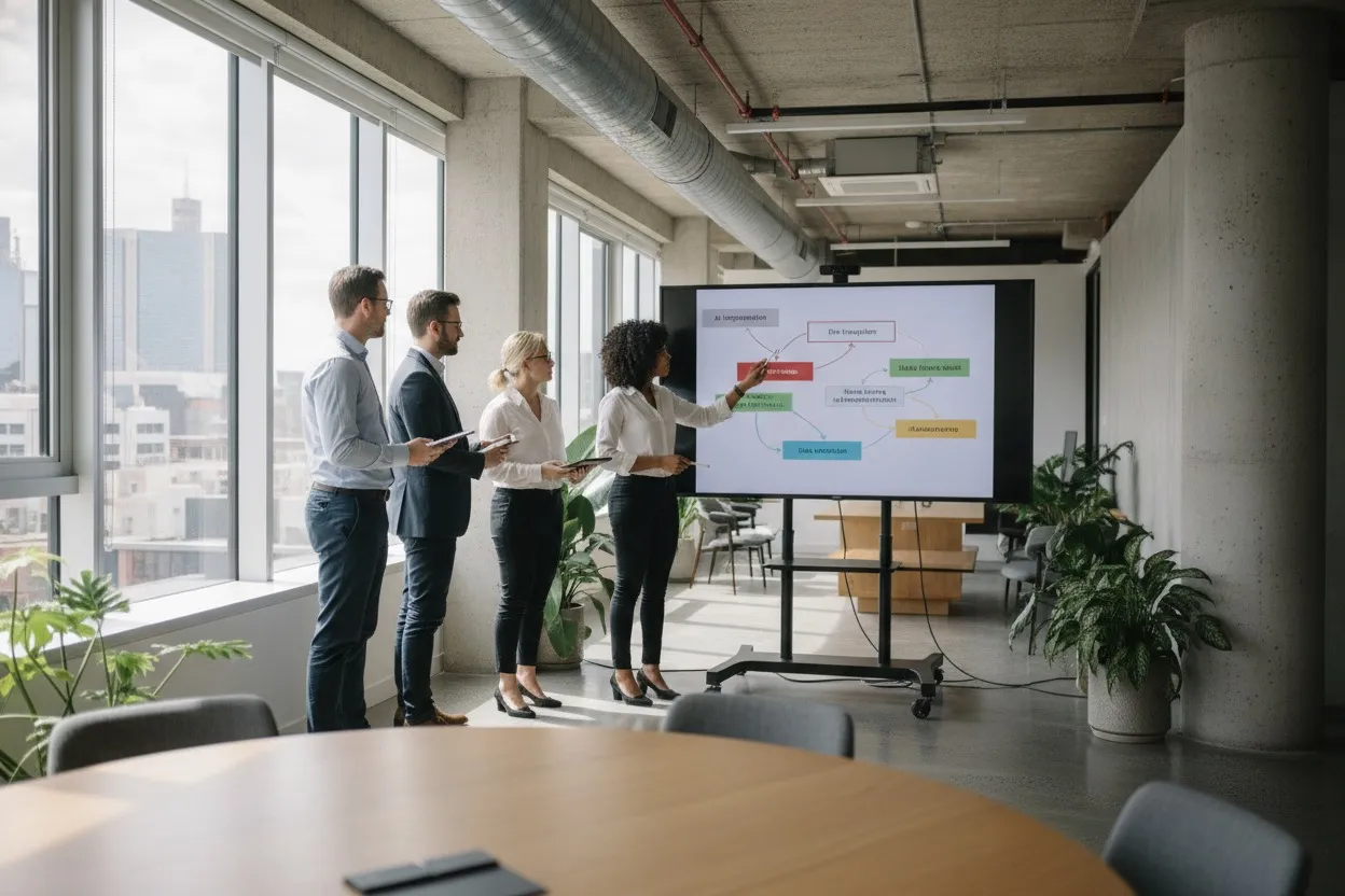 AI strategy consulting workshop reviewing a roadmap in a Melbourne office