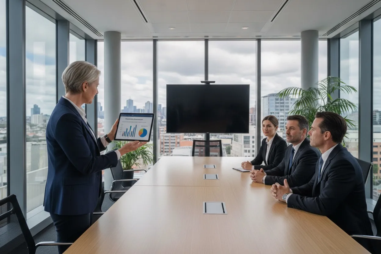 Senior AI consultant presenting a readiness assessment to executives in a Melbourne conference room