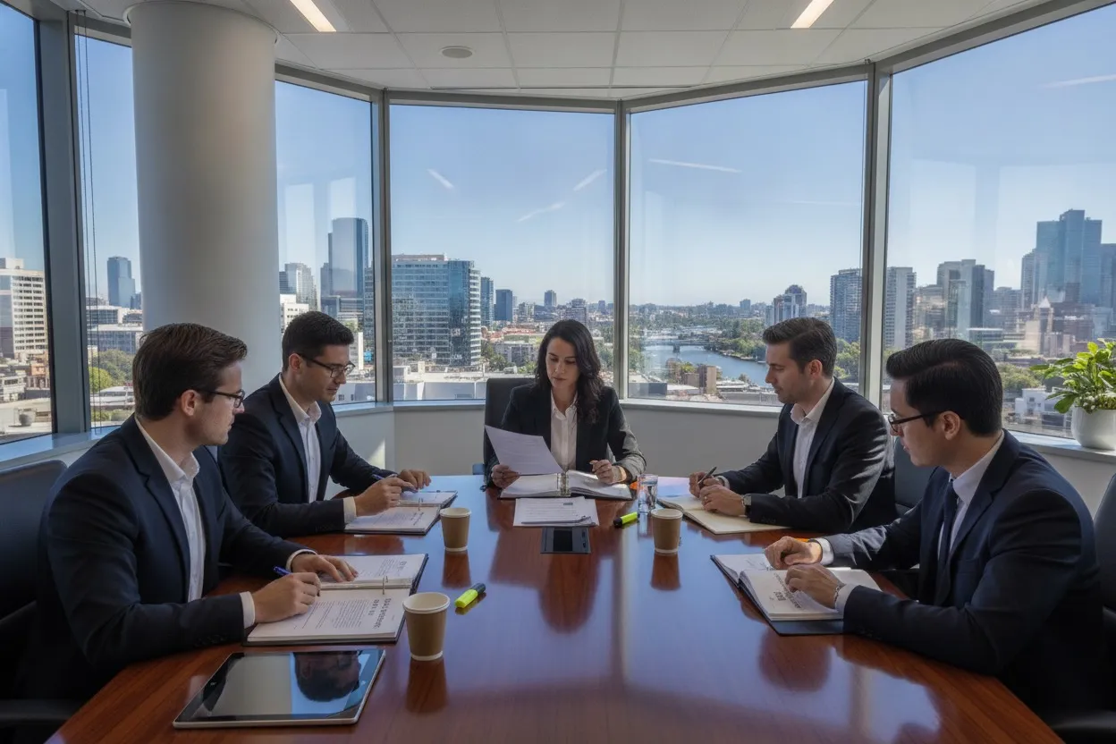Legal and compliance team reviewing Australian AI governance documents in a Melbourne office