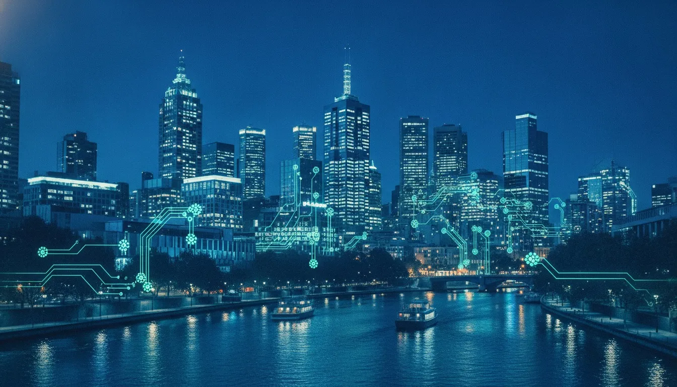Melbourne skyline at night along the Yarra River with a glowing AI neural network overlay, representing AI development services in Melbourne