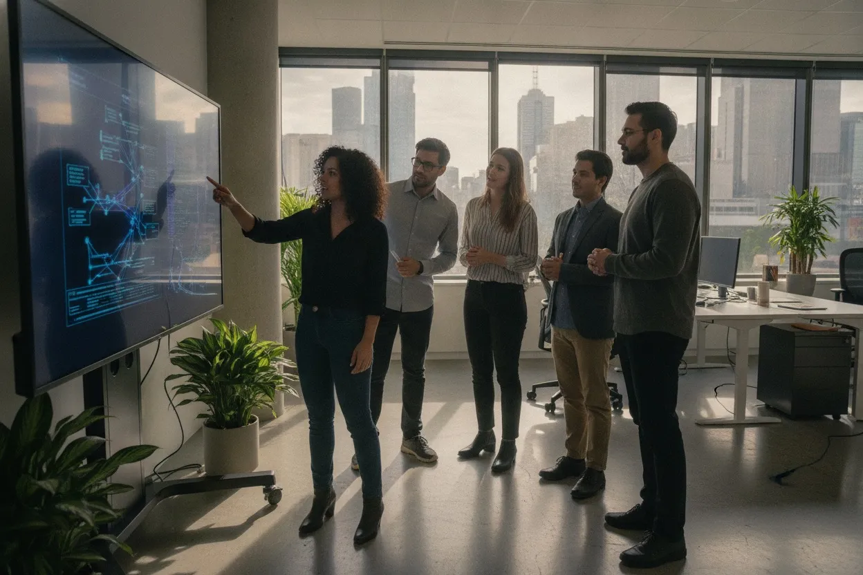 AI engineering team collaborating on neural network architecture in a Melbourne office