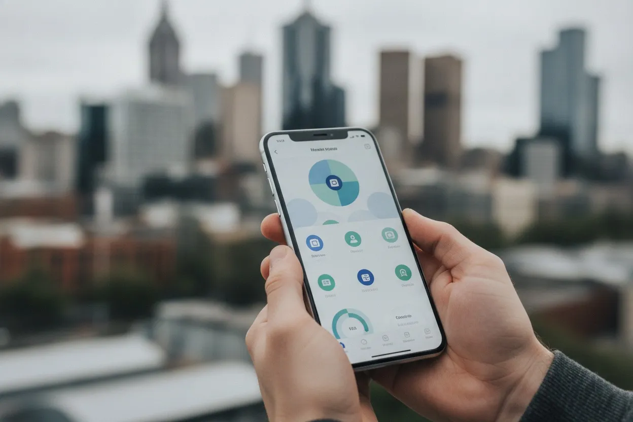 Smartphone displaying a modern mobile app interface with Melbourne skyline in background