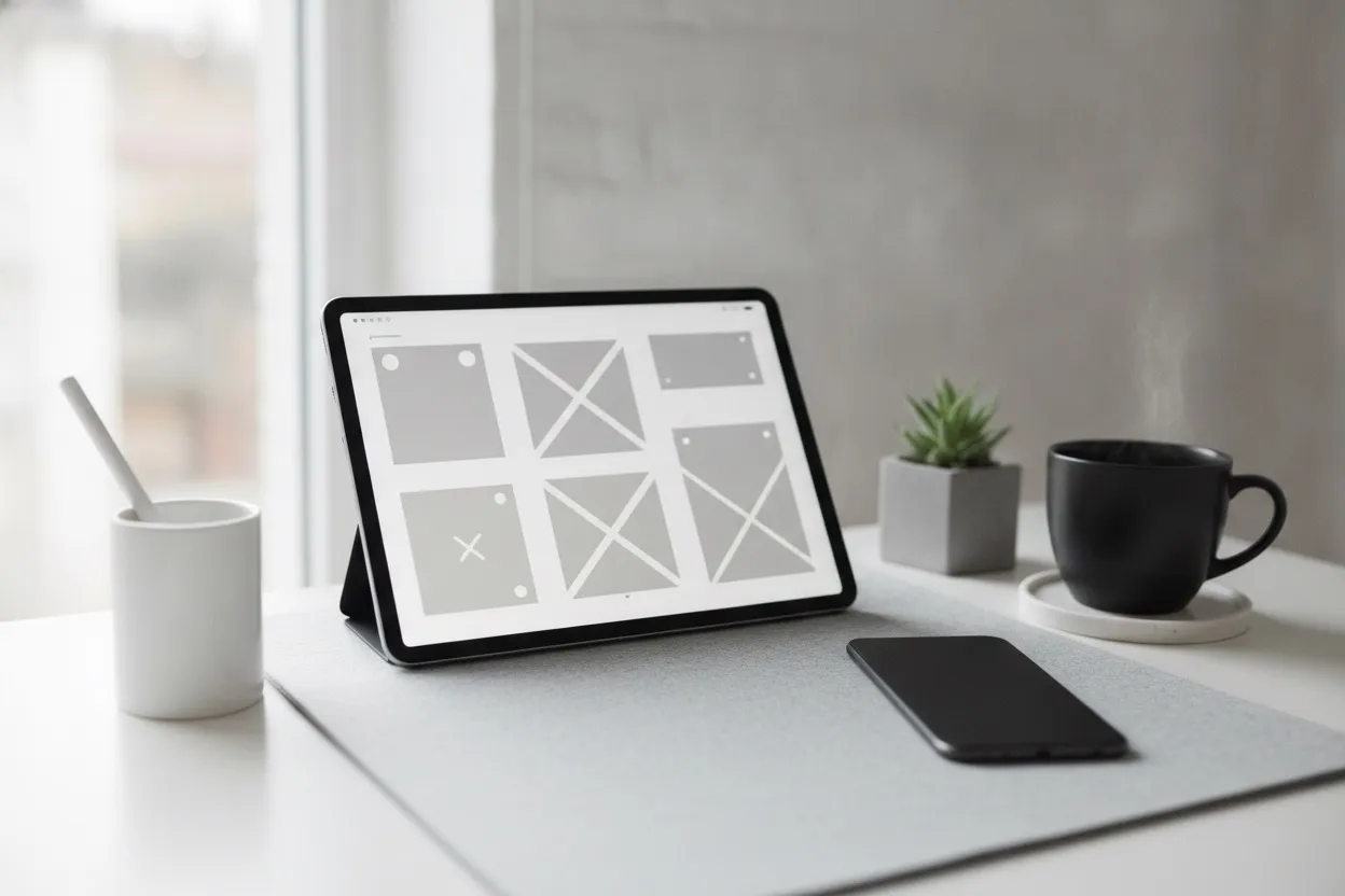 Designer's desk with mobile app wireframes and a smartphone mockup