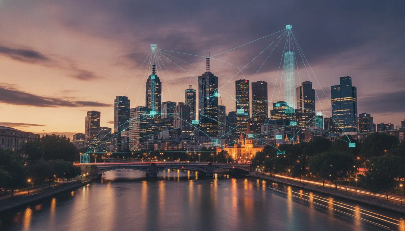 Melbourne skyline at dusk along the Yarra River with a glowing mobile app UI overlay, representing mobile app development in Melbourne