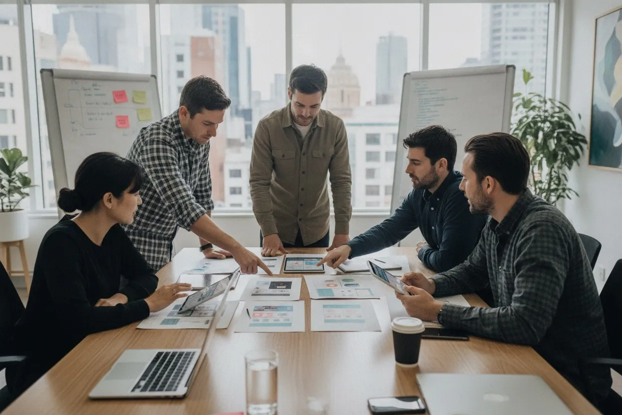 Mobile app development team collaborating on prototypes in a Melbourne office